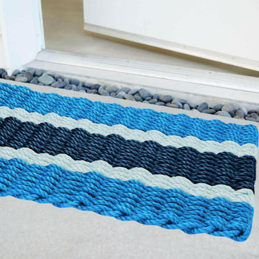 Lobster Rope Doormats, Outdoor Door Mats, Wicked Good Door Mats Made in Maine, Light Blue, Seafoam, Navy, Angled View in Front Door